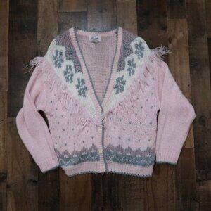 Margules Vintage Womans Large Pink Fringe V Neck Cardigan Sweater